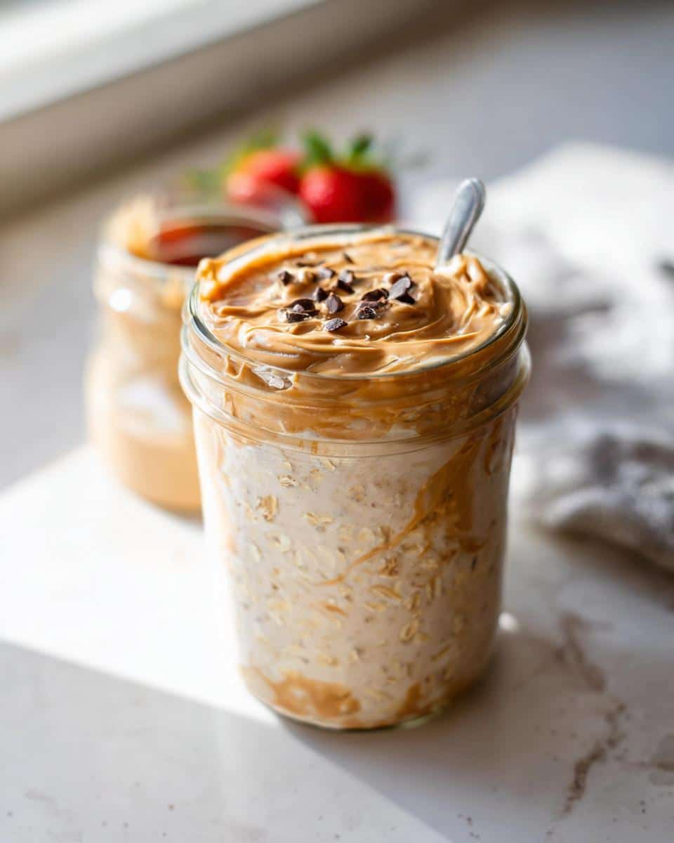 Close-up of Peanut Butter Protein Overnight Oats topped with creamy peanut butter swirls and mini chocolate chips.