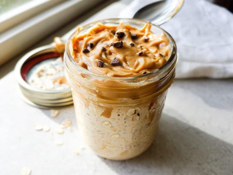 Close-up of Peanut Butter Protein Overnight Oats topped with creamy peanut butter swirls and mini chocolate chips in a glass jar.