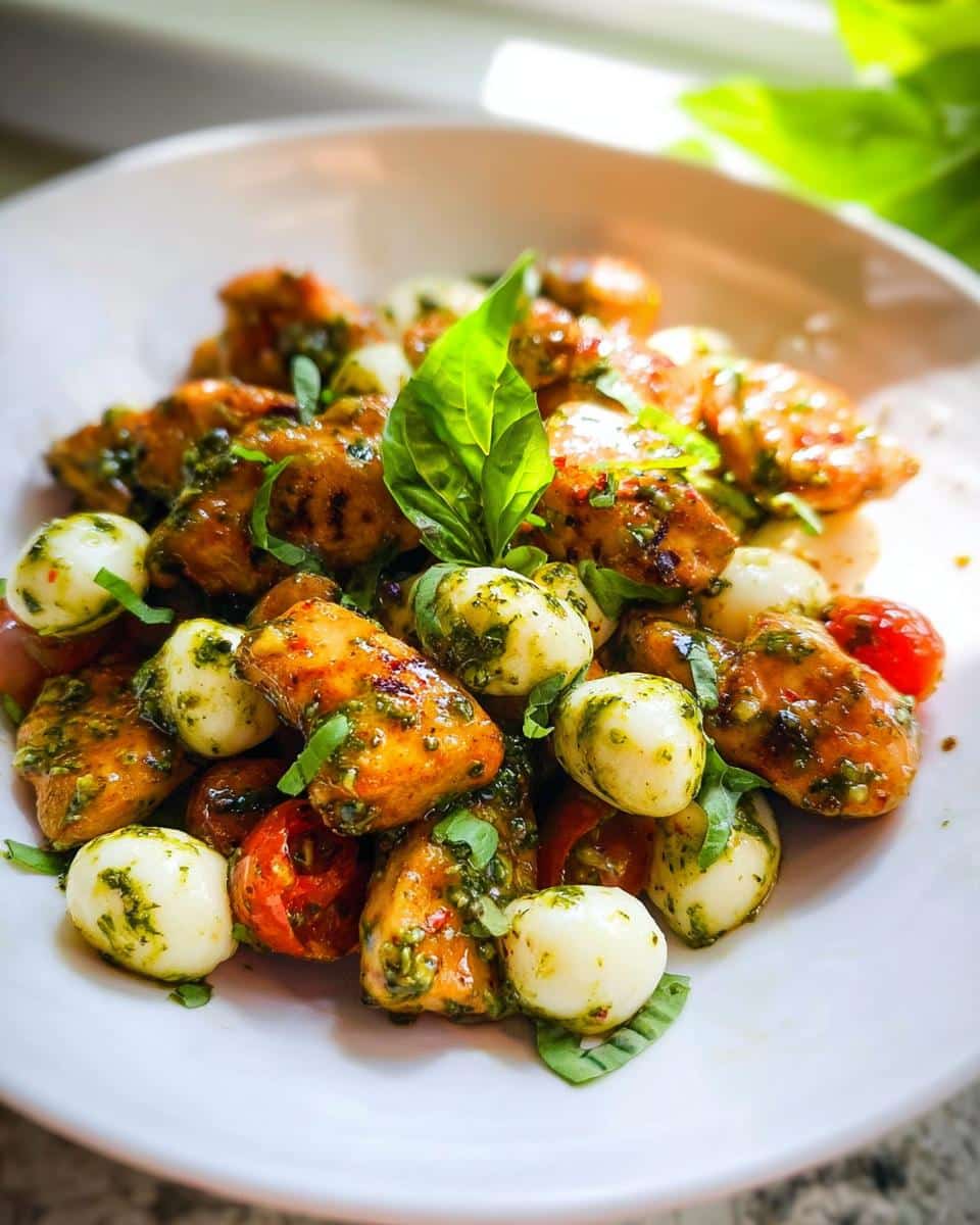 Close-up of Pesto Mozzarella Chicken Salad featuring grilled chicken chunks, small mozzarella balls, and tomatoes tossed in pesto.