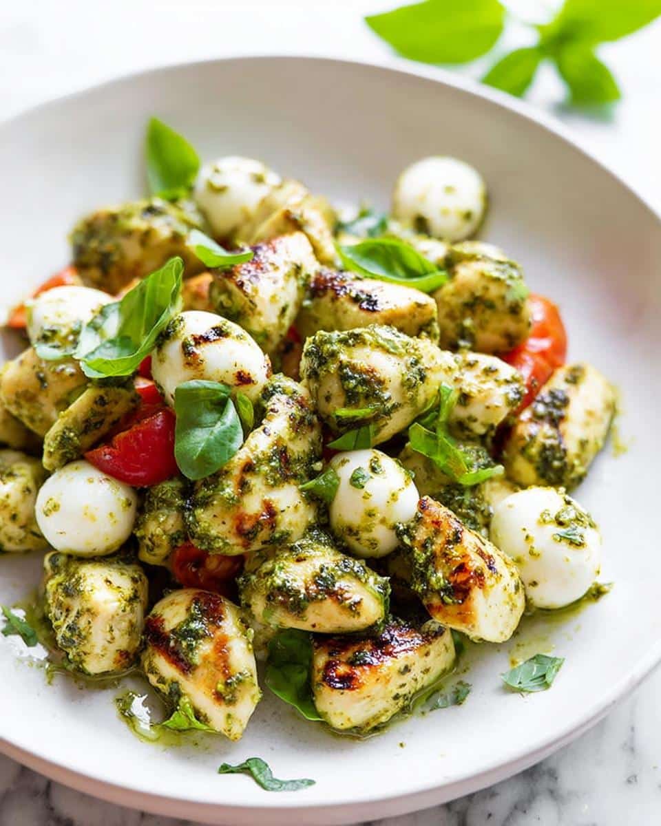 Close-up of Pesto Mozzarella Chicken Salad chunks mixed with small mozzarella balls and basil.