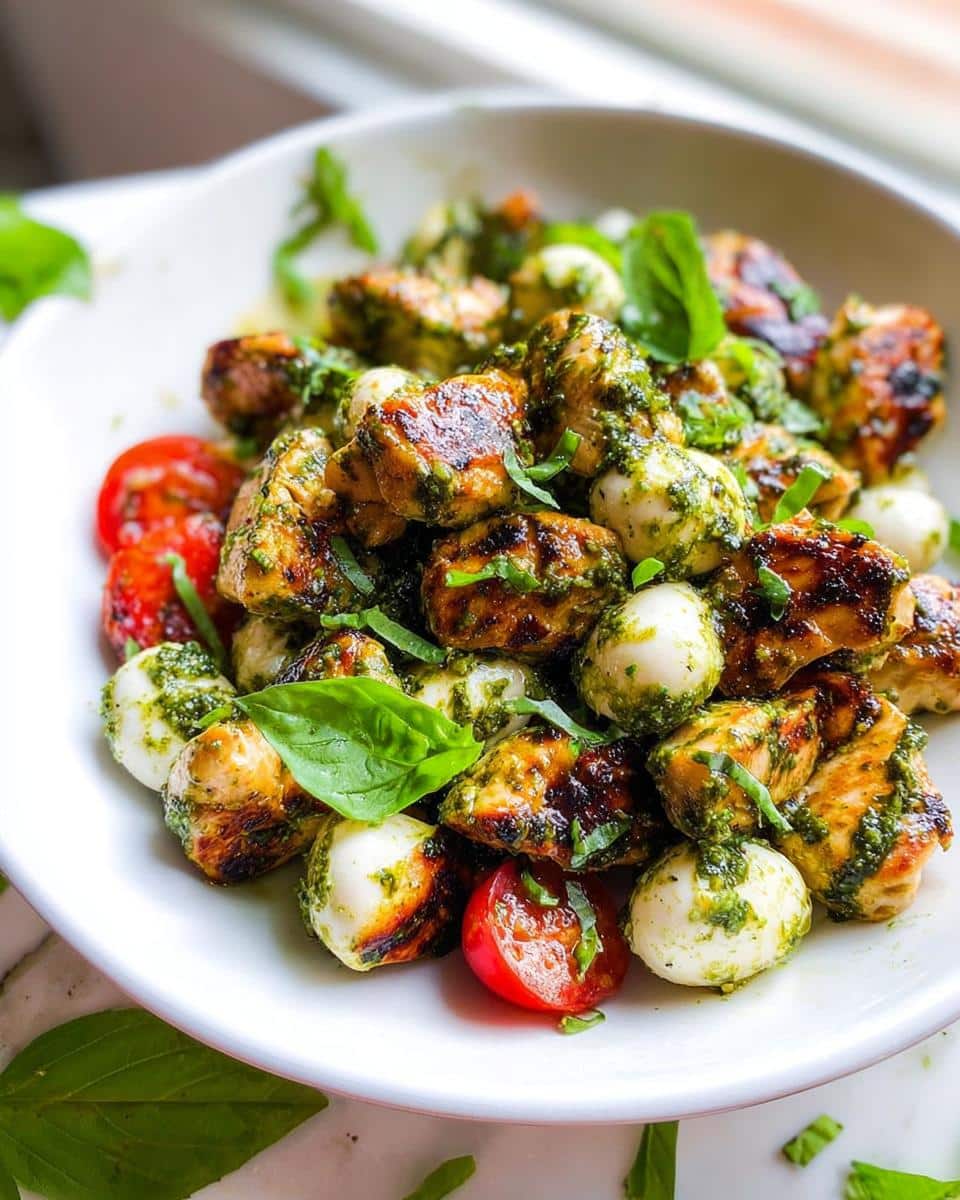 Close-up of Pesto Mozzarella Chicken Salad featuring grilled chicken chunks, small mozzarella balls, and halved cherry tomatoes tossed in pesto.