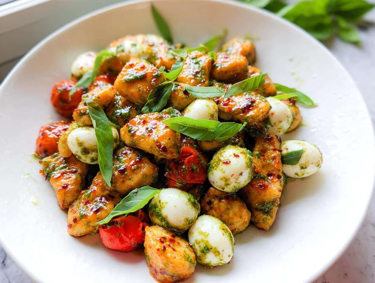 Close-up of Pesto Mozzarella Chicken Salad chunks tossed with pesto, cherry tomatoes, and small mozzarella balls.