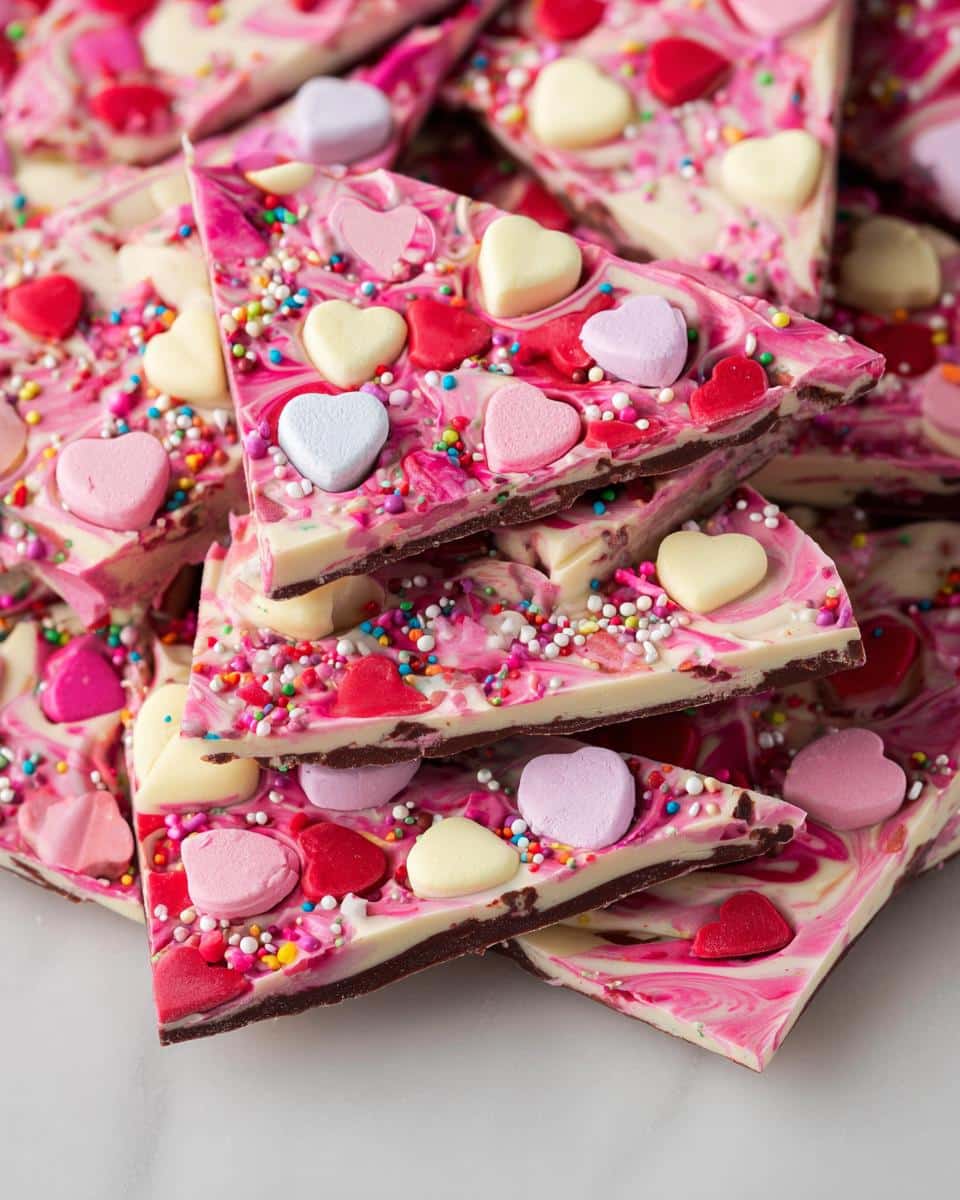 Close-up of stacked pieces of pink chocolate bark, topped with colorful sprinkles and heart-shaped conversation candies.