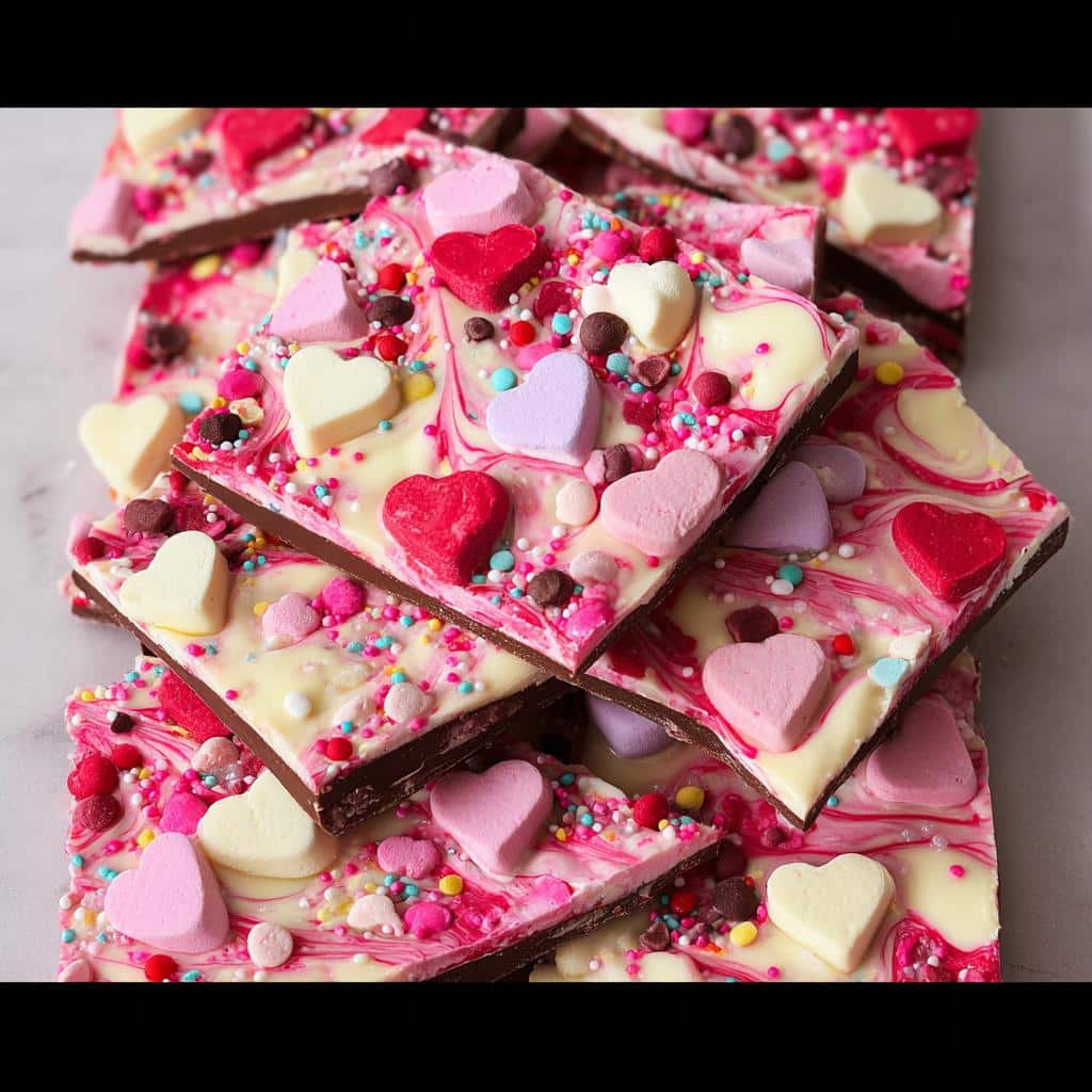 A stack of broken pieces of Pink Chocolate Bark, topped with colorful heart-shaped candies and sprinkles.