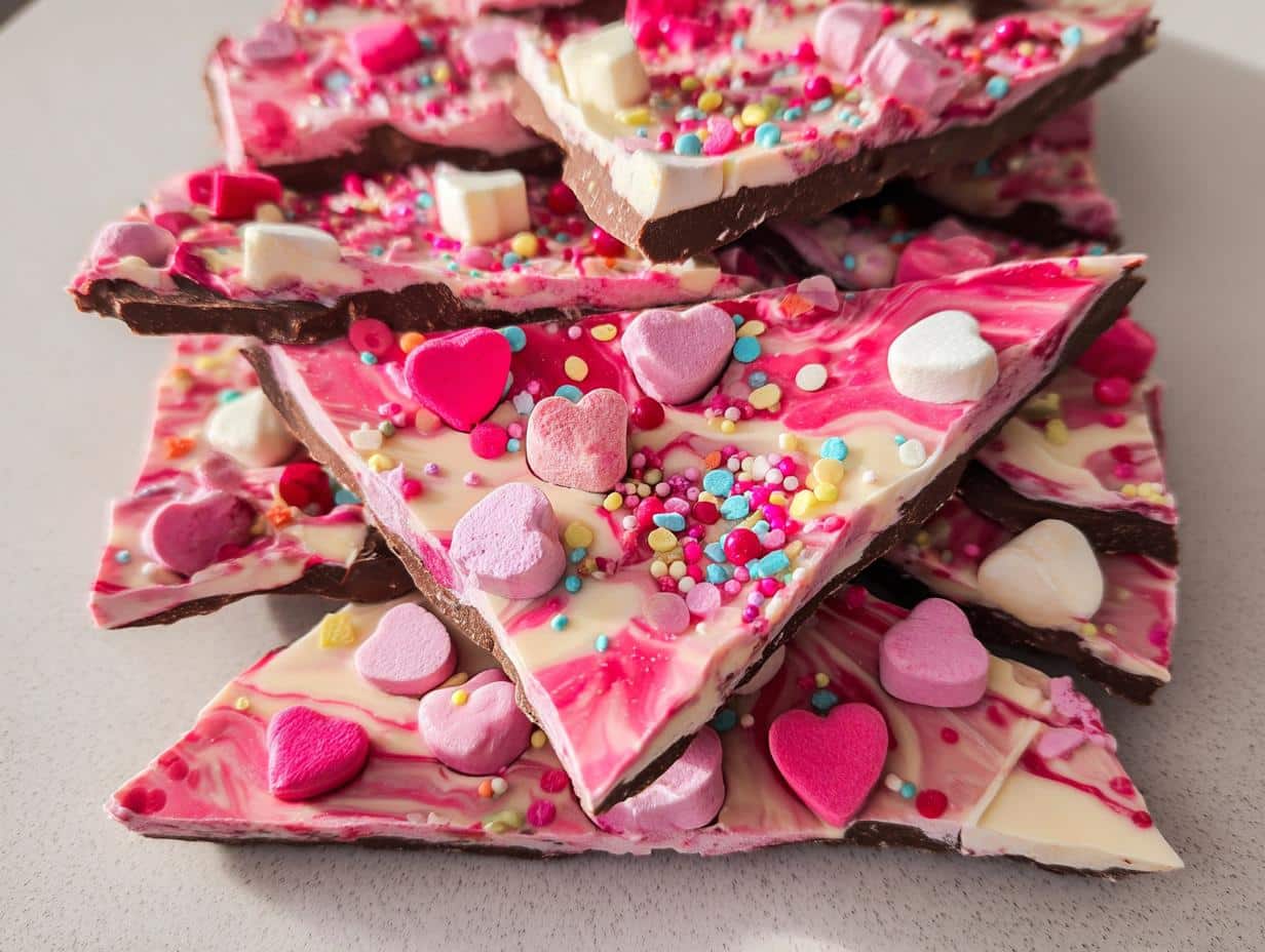 A stack of broken pieces of vibrant Pink Chocolate Bark topped with heart candies and sprinkles.