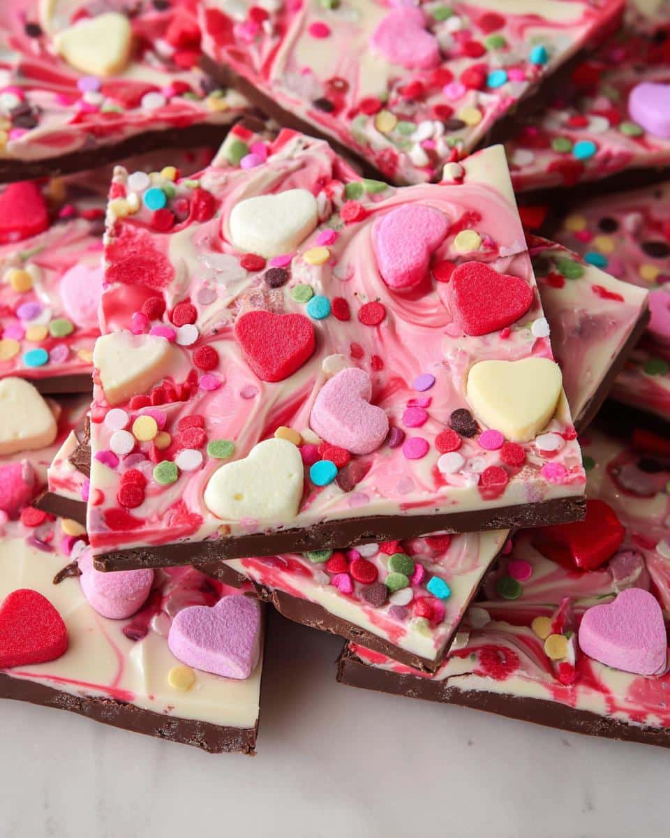 Stacked pieces of vibrant Pink Chocolate Bark featuring pink, white, and red swirls, topped with heart candies and sprinkles.