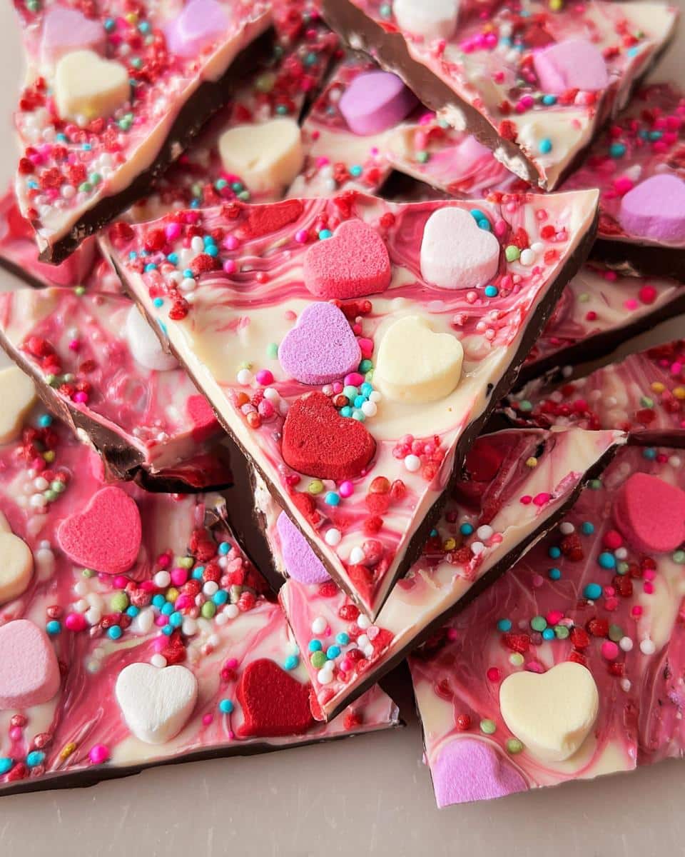 Pieces of vibrant Pink Chocolate Bark layered with white chocolate swirls, colorful sprinkles, and heart-shaped candies.
