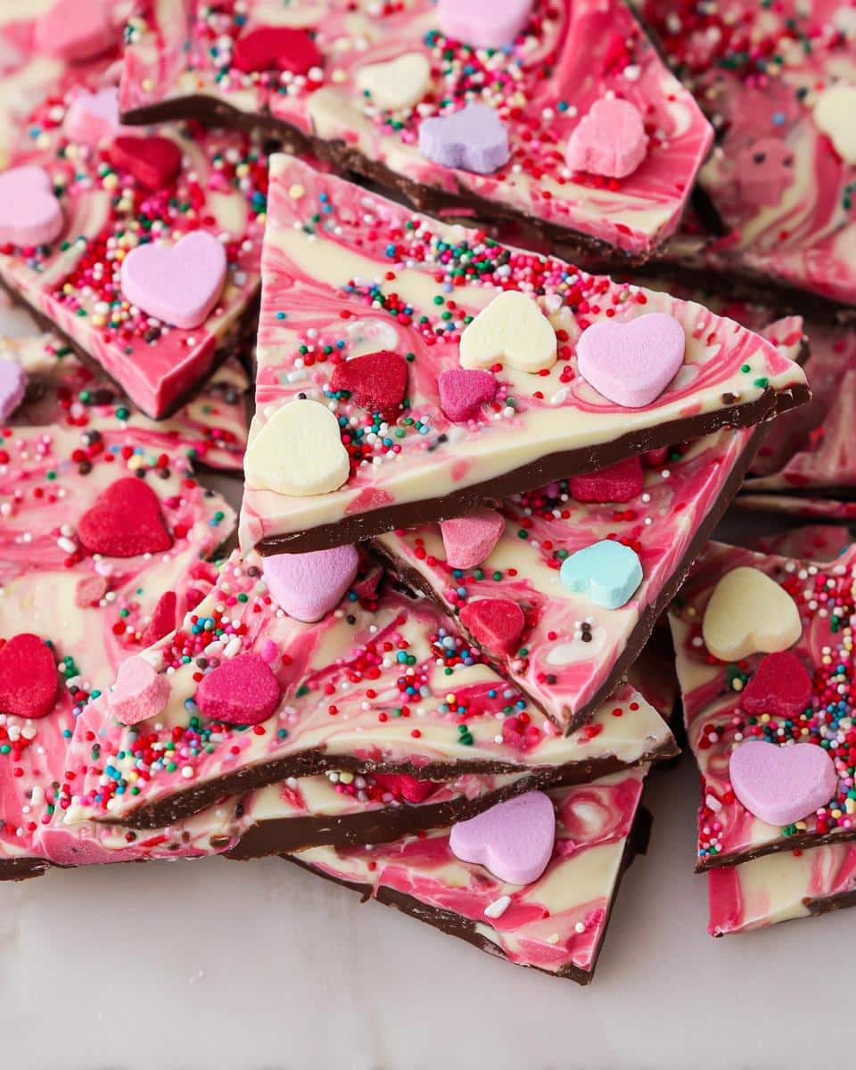 Close-up of broken pieces of Pink Chocolate Bark featuring swirled pink and white chocolate, heart candies, and sprinkles.