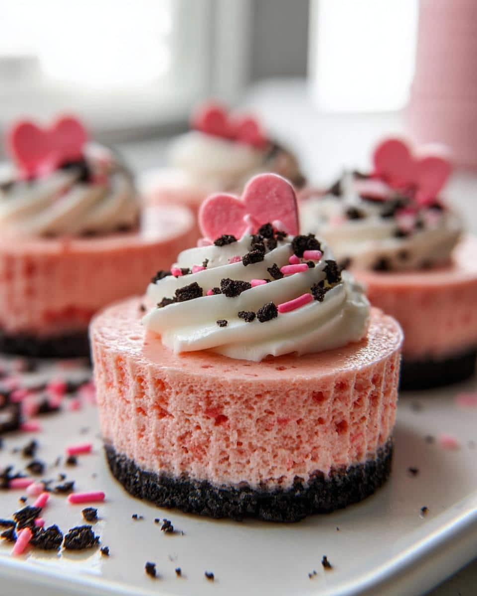 Close-up of a pink Mini Valentine Cheesecakes topped with whipped cream, chocolate crumbs, and a heart candy.