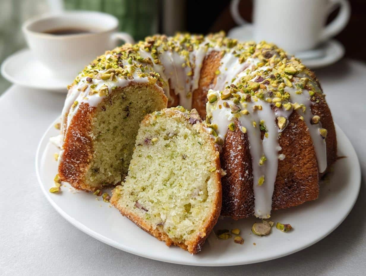A slice cut from a moist Pistachio Bundt Cake topped with white glaze and chopped pistachios.