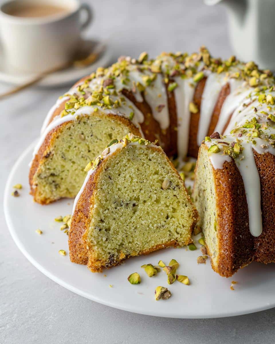 A beautiful Pistachio Bundt Cake, sliced to show the green interior, drizzled with white glaze and topped with chopped pistachios.