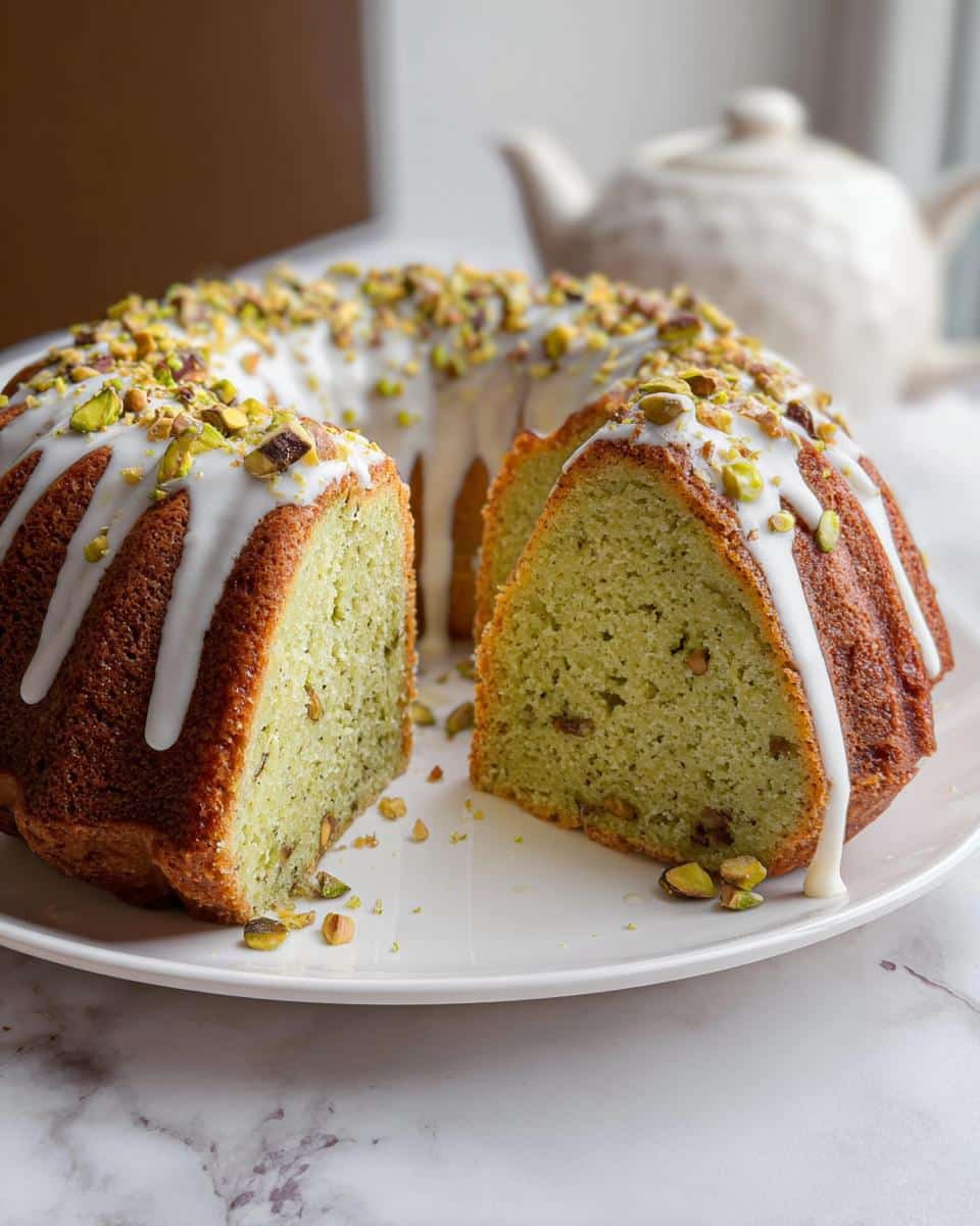 A sliced Pistachio Bundt Cake drizzled with white glaze and topped with chopped pistachios.