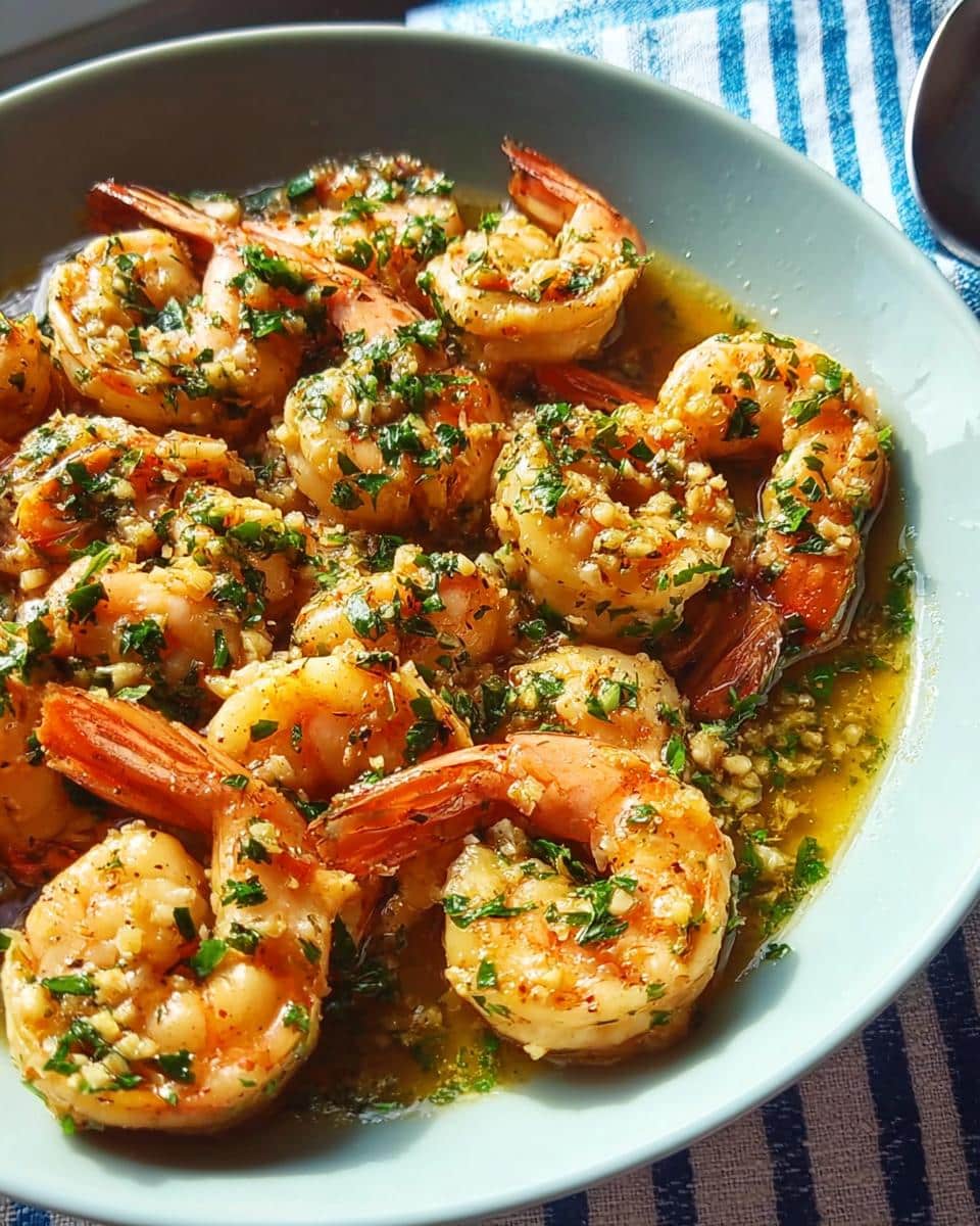 Close-up of succulent Garlic Butter Shrimp coated in minced garlic and fresh parsley, served in a light blue bowl.
