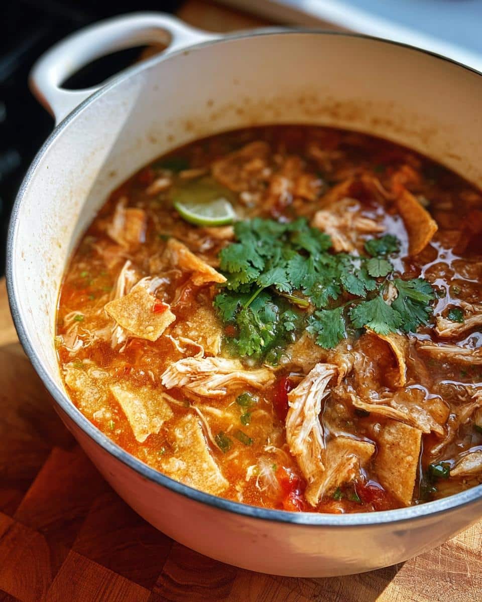 Close-up of a white dutch oven filled with rich, orange broth Low Calorie Chicken Soup, topped with shredded chicken, tortilla strips, cilantro, and lime.
