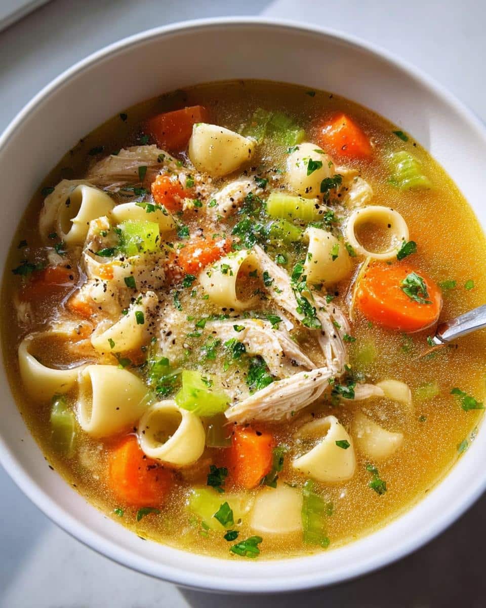 Close-up of a bowl of hearty Protein Chicken Soup with shredded chicken, carrots, celery, and elbow macaroni.
