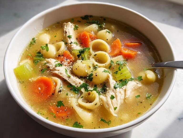 Close-up of a hearty bowl of Protein Chicken Soup featuring shredded chicken, shell pasta, carrots, celery, and parsley.
