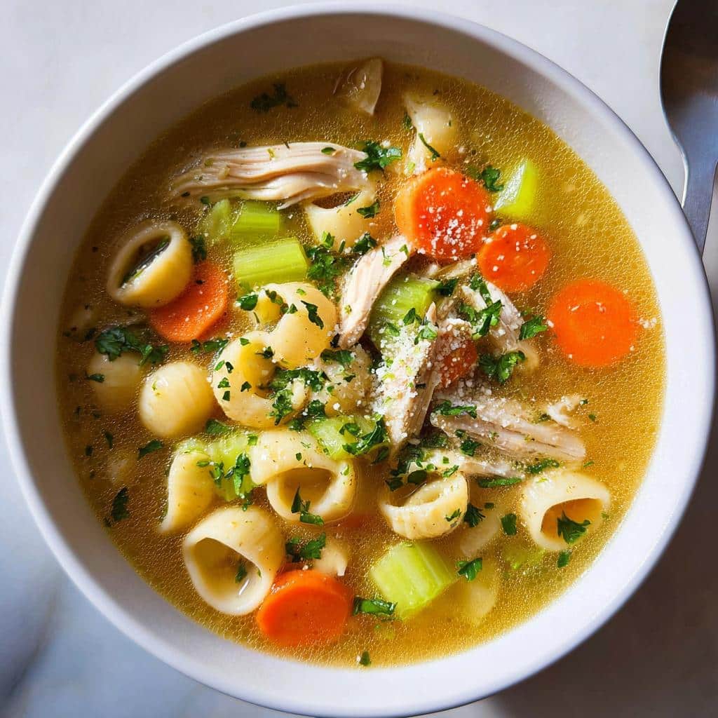 Top-down view of a bowl of rich Protein Chicken Soup featuring shredded chicken, shell pasta, carrots, celery, and parsley.