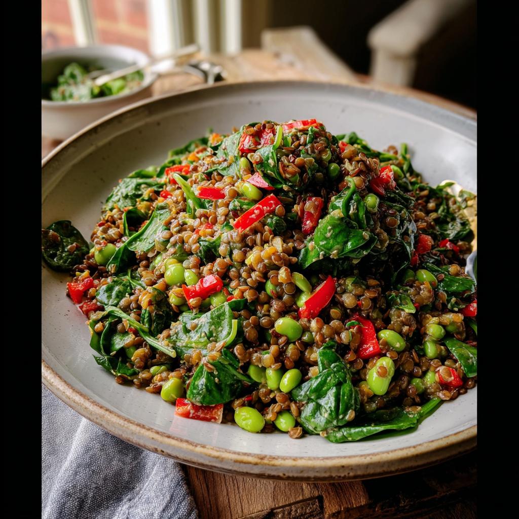 Close-up of a hearty Protein-Packed Lentil & Quinoa Salad mixed with spinach, edamame, and red peppers.