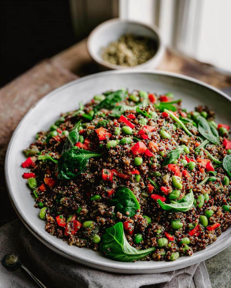 A close-up of a large bowl filled with Protein-Packed Lentil & Quinoa Salad featuring edamame, red peppers, and spinach.