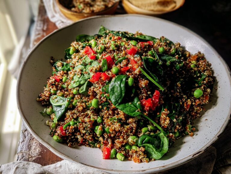 A vibrant bowl of Protein-Packed Lentil & Quinoa Salad featuring spinach, edamame, and diced red peppers.
