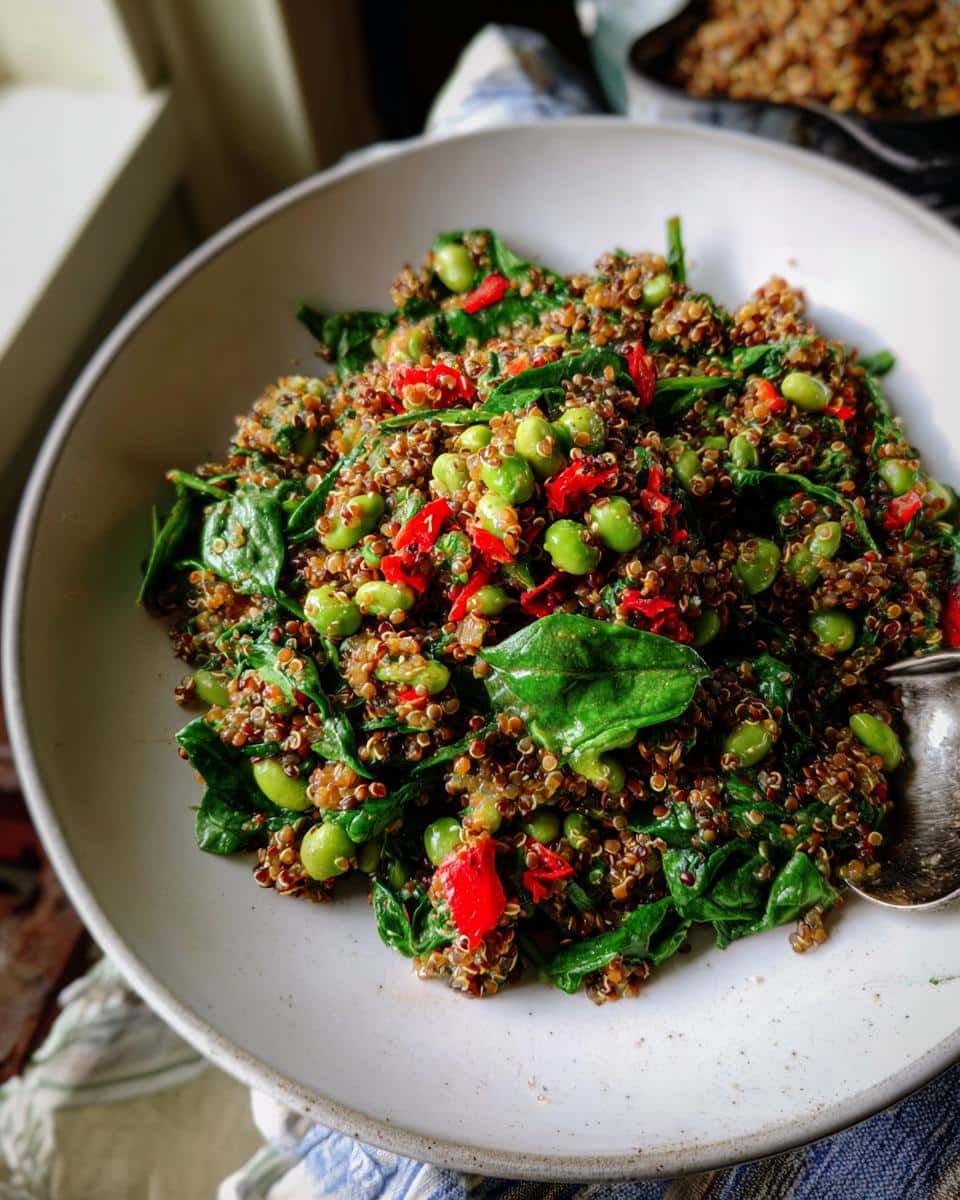 Close-up of a vibrant Protein-Packed Lentil & Quinoa Salad featuring spinach, edamame, and red peppers in a white bowl.