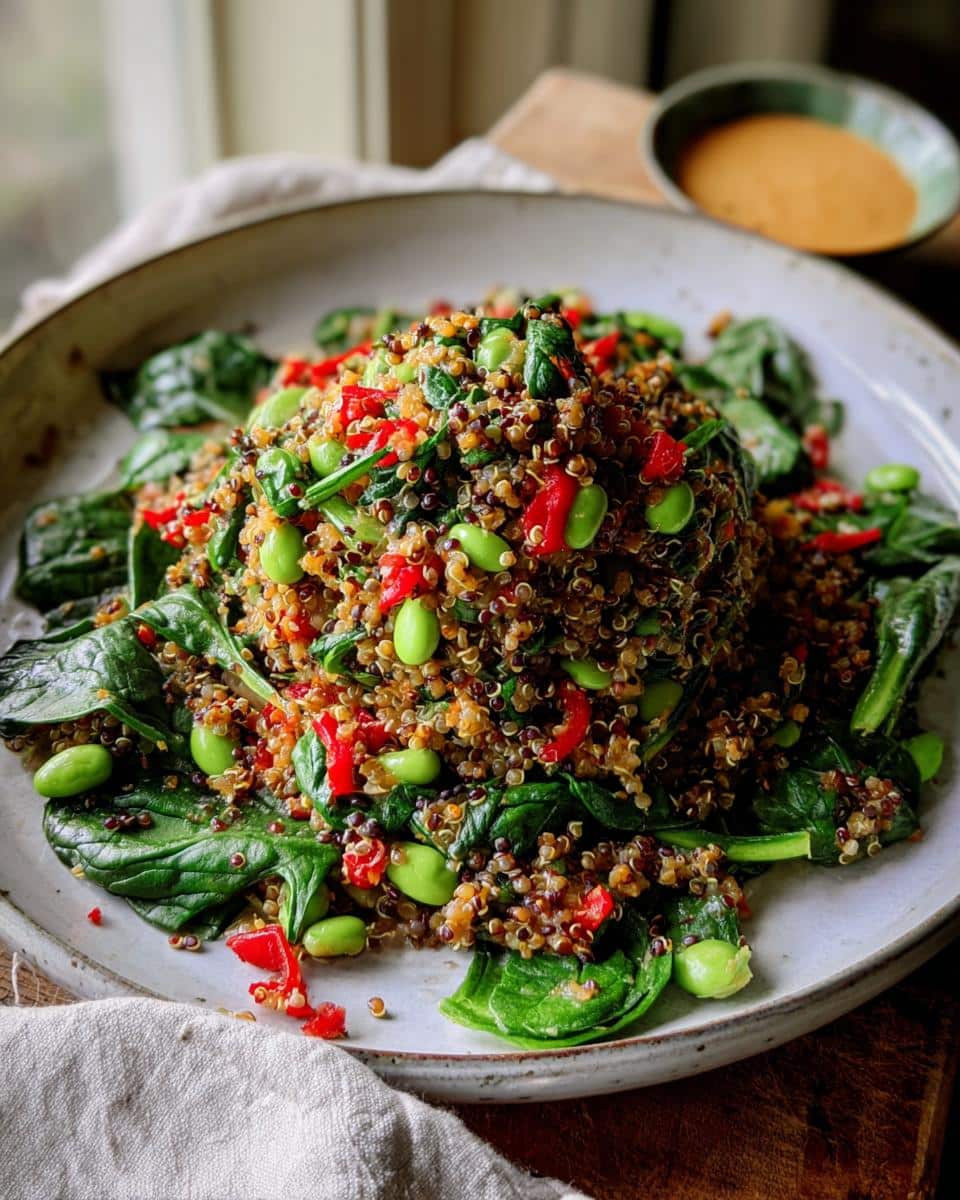A vibrant mound of Protein-Packed Lentil & Quinoa Salad mixed with spinach, edamame, and red peppers.