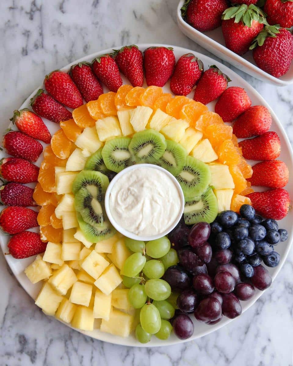 A stunning Rainbow Fruit Platter arranged in concentric arcs of color, featuring strawberries, oranges, pineapple, kiwi, grapes, and blueberries around a central dip.