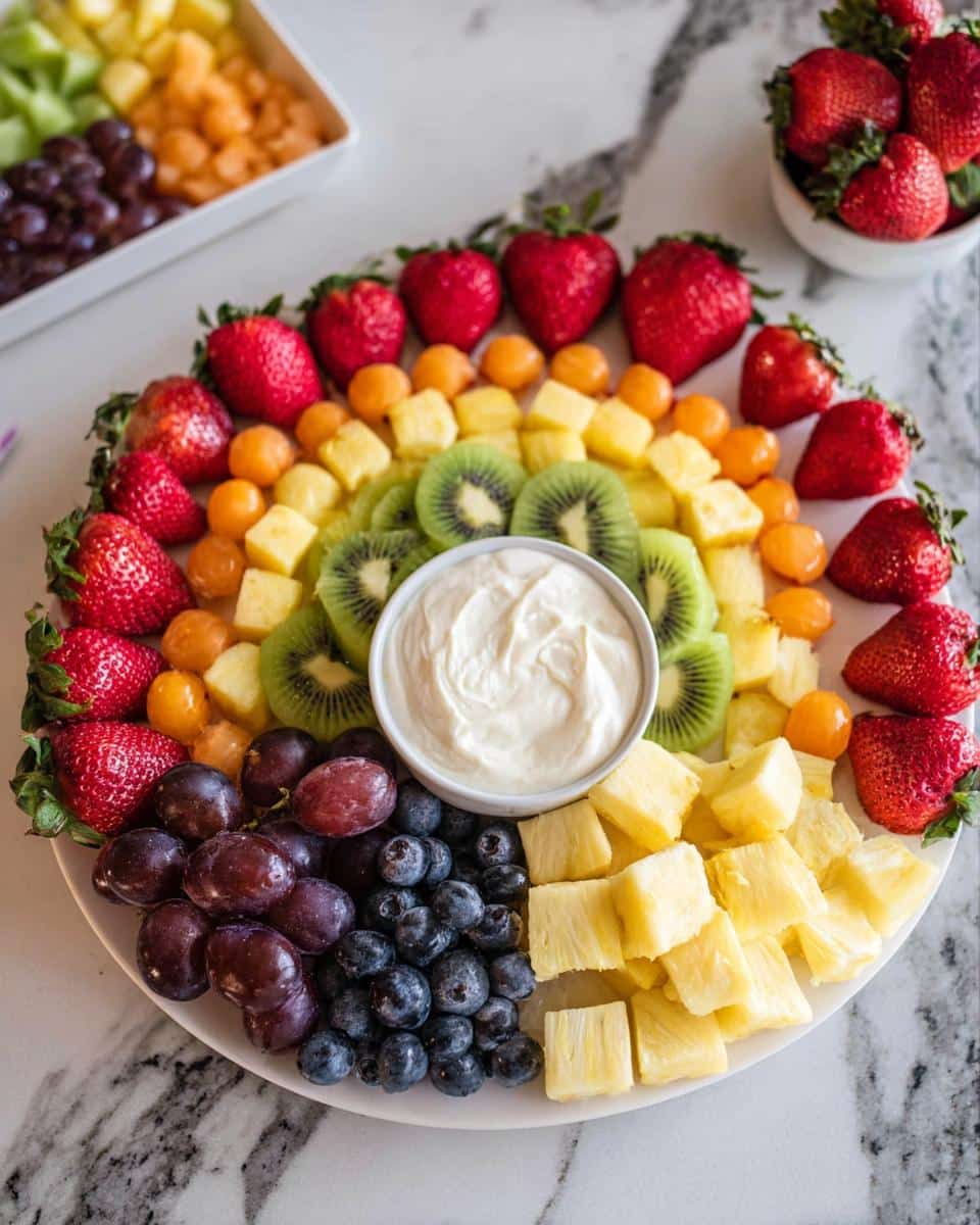 A stunning Rainbow Fruit Platter arranged in a circle featuring strawberries, kiwi, pineapple, grapes, and blueberries around a central dip.