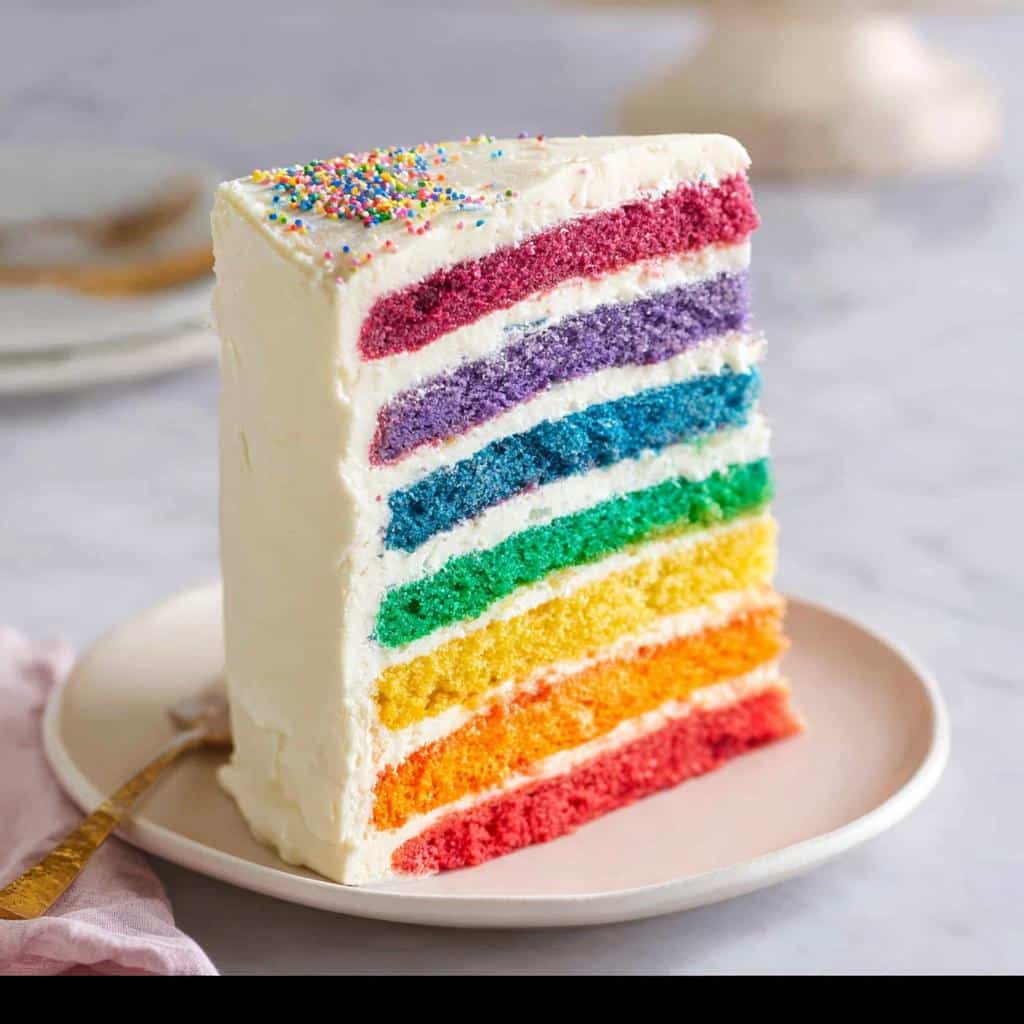 A tall slice of Rainbow Layer Cake showing six vibrant colored layers separated by white frosting and topped with sprinkles.