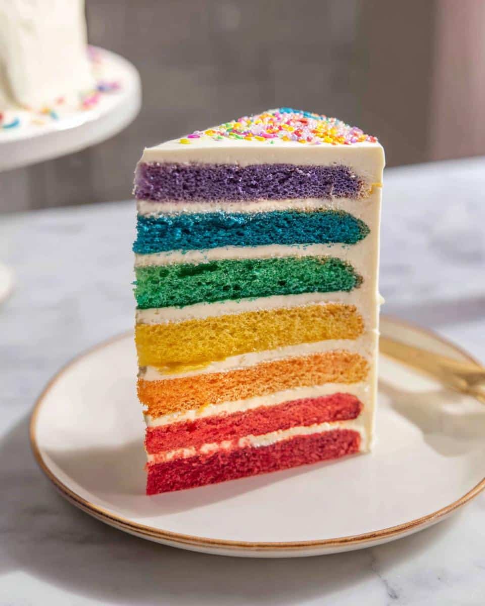 A tall slice of Rainbow Layer Cake showing six distinct colorful layers (red, orange, yellow, green, blue, purple) with white frosting.