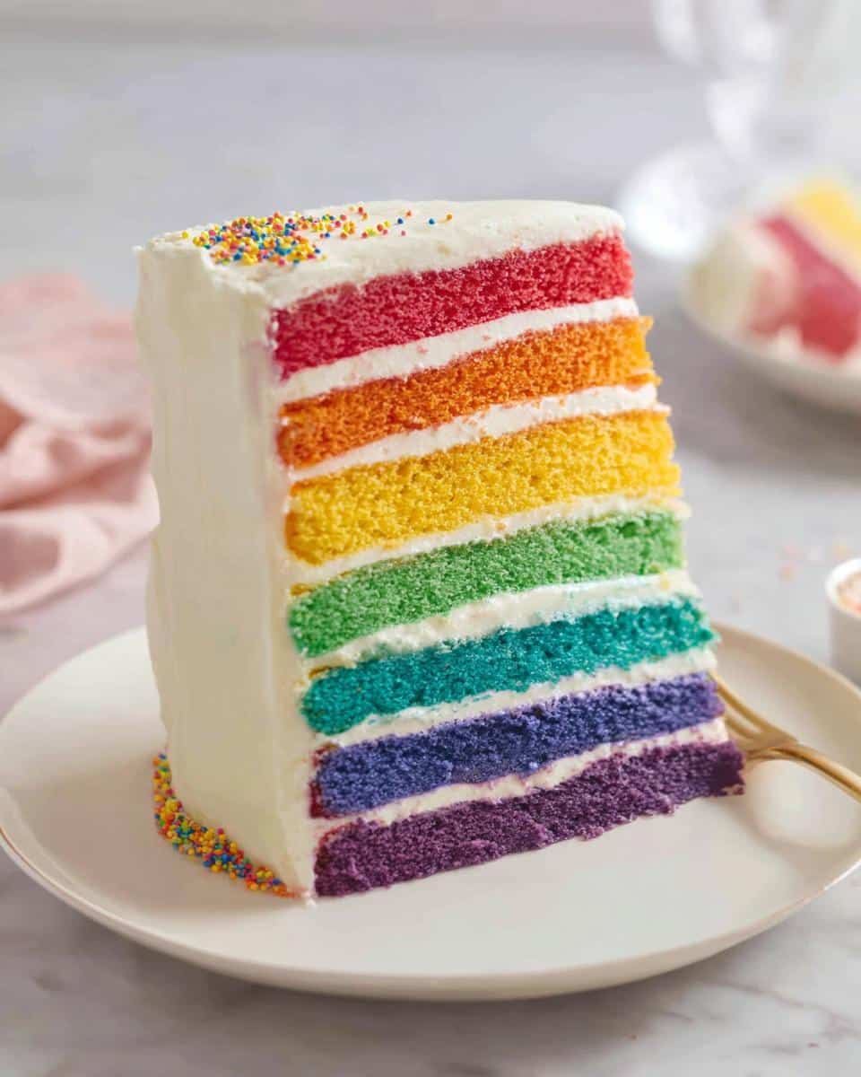A tall, vertical slice of a Rainbow Layer Cake showing six vibrant, distinct cake layers separated by white frosting.