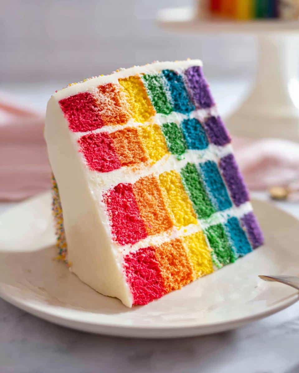 A tall, vibrant slice of Rainbow Layer Cake showing six distinct colored layers (red, orange, yellow, green, blue, purple) with white frosting.