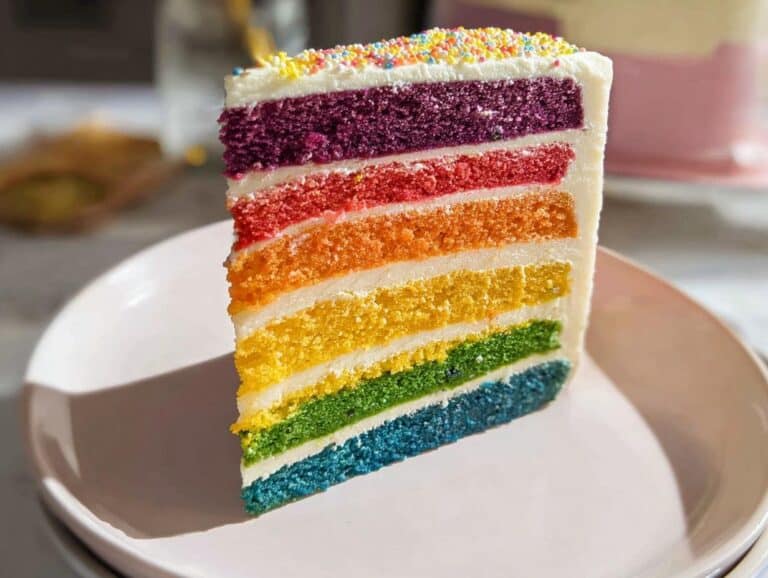 A tall slice of Rainbow Layer Cake showing six vibrant, colorful layers separated by white frosting.