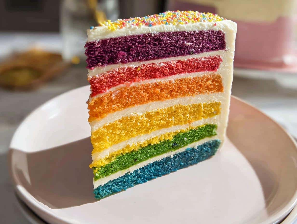 A tall slice of Rainbow Layer Cake showing six vibrant, colorful layers separated by white frosting.