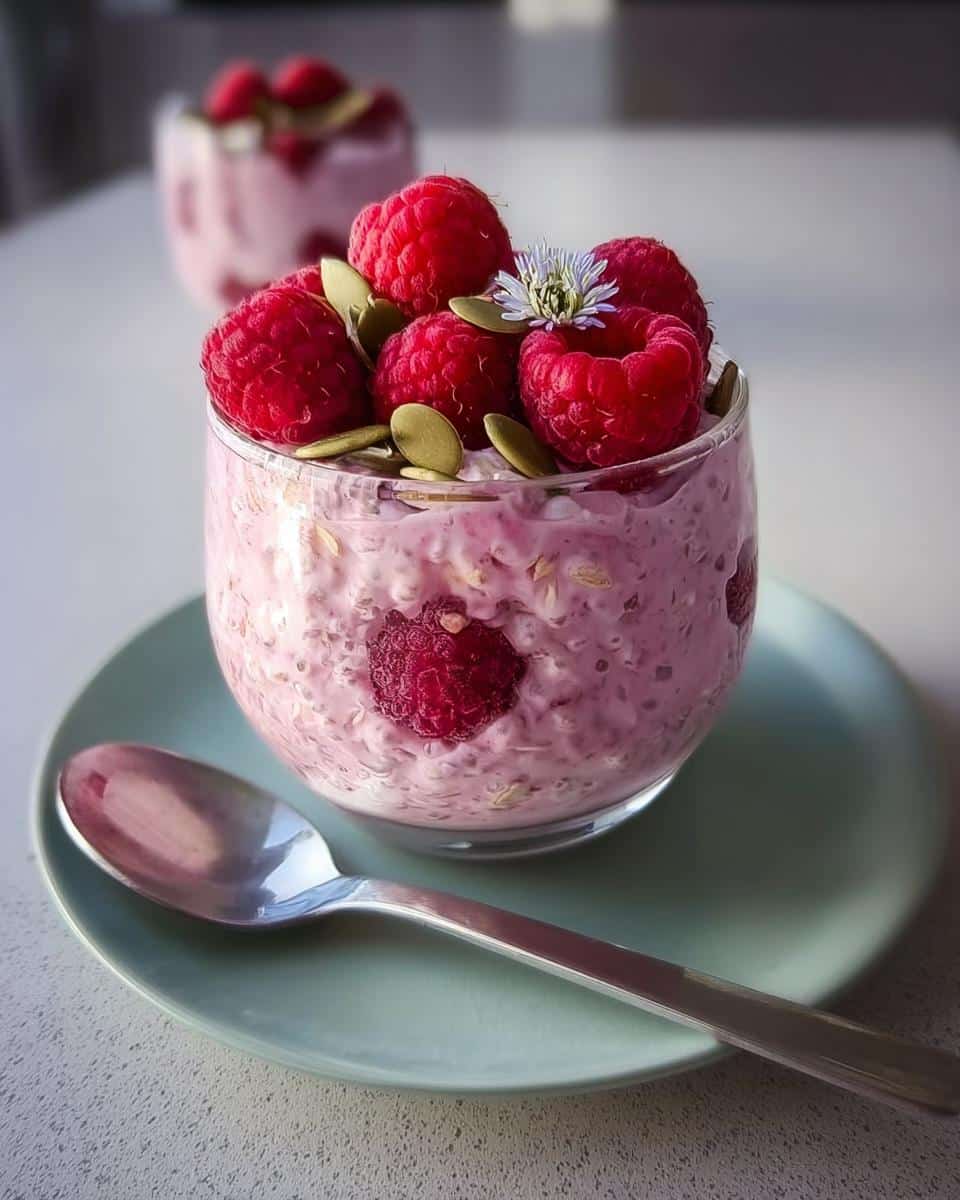A glass of pink Raspberry Overnight Oats topped with fresh raspberries, pumpkin seeds, and a small flower.
