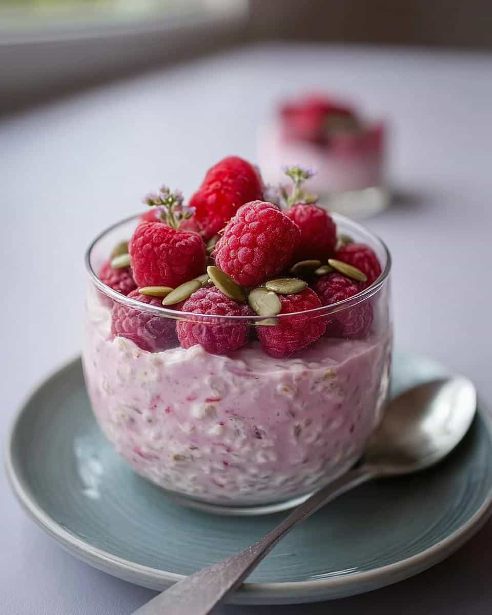 A glass of pink Raspberry Overnight Oats topped with fresh raspberries and pumpkin seeds.