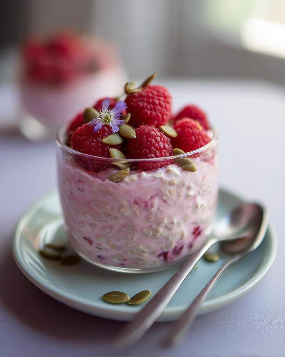 A glass jar filled with pink Raspberry Overnight Oats, topped with fresh raspberries, pumpkin seeds, and a small purple flower.
