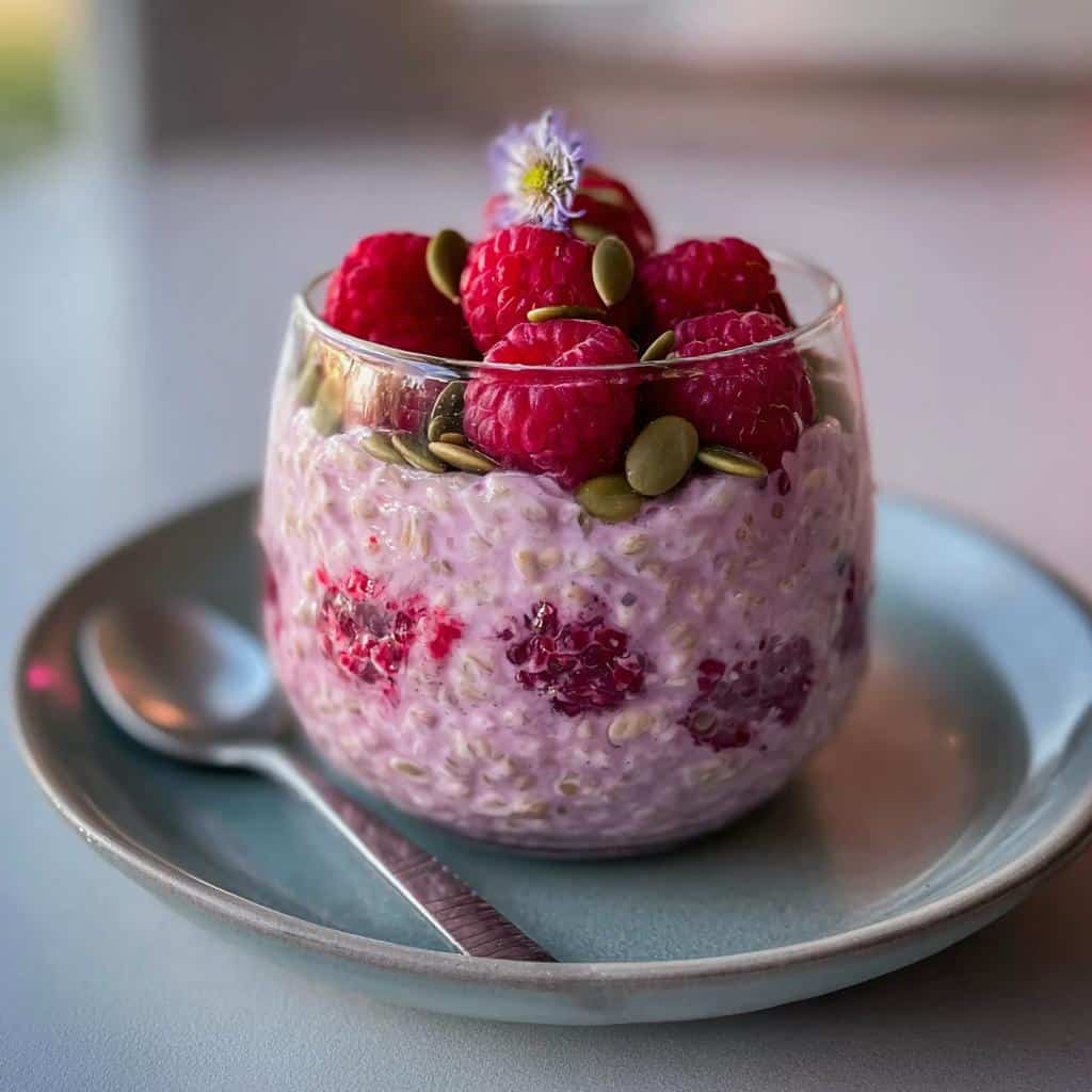 A close-up of Raspberry Overnight Oats topped with fresh raspberries, pumpkin seeds, and a small flower.