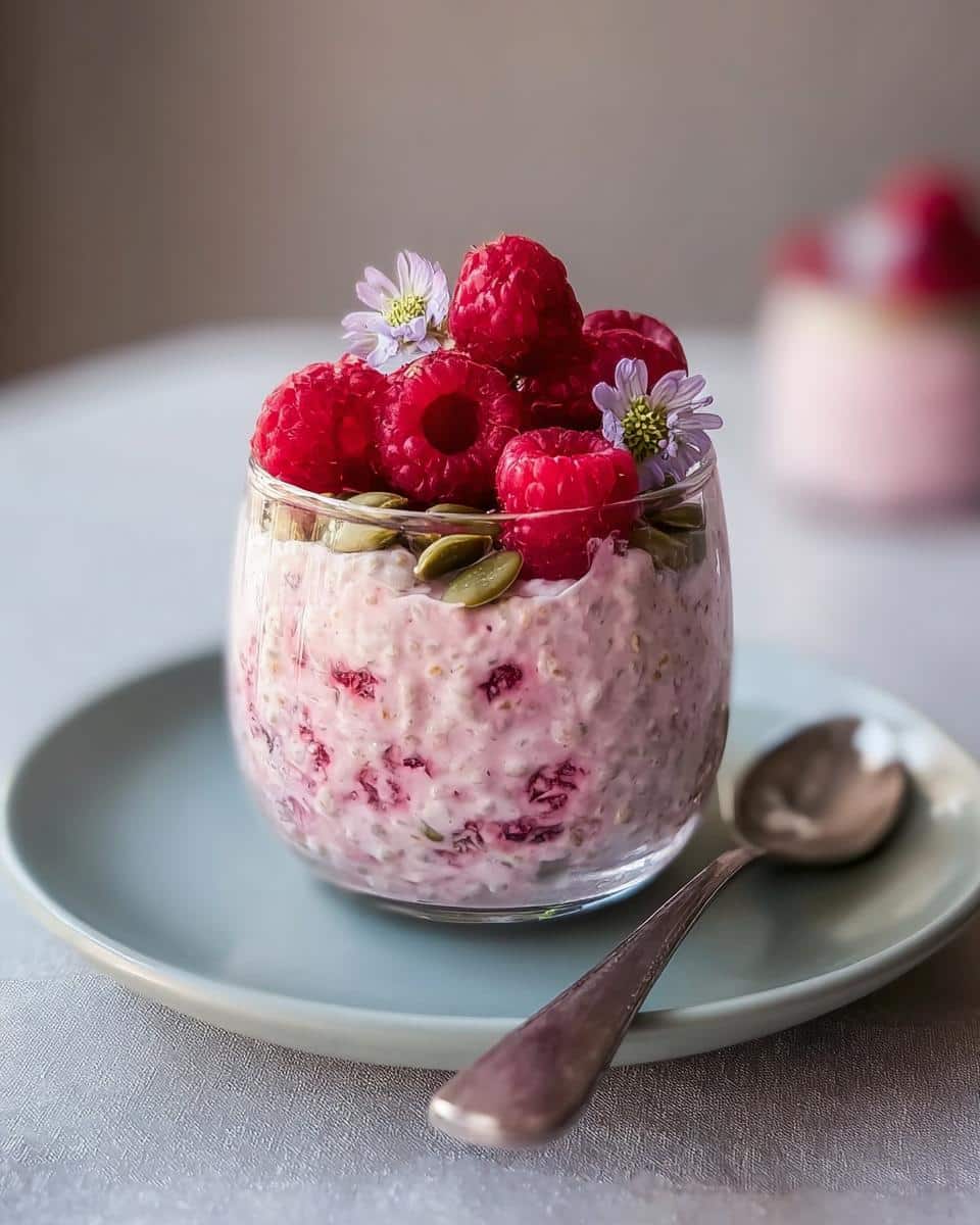 Close-up of Raspberry Overnight Oats topped with fresh raspberries, pumpkin seeds, and small purple flowers.