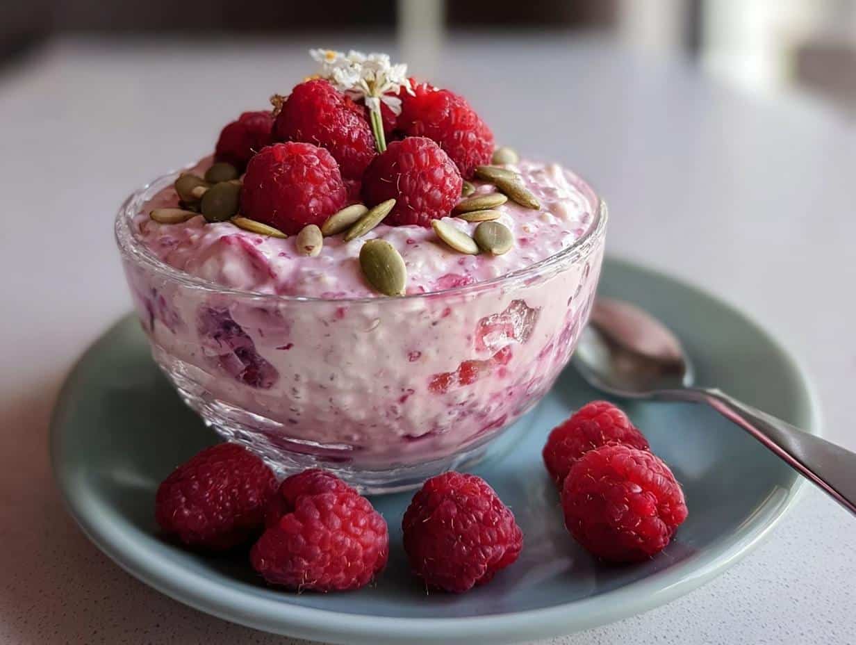 A close-up of Raspberry Overnight Oats topped with fresh raspberries and pumpkin seeds in a clear glass bowl.