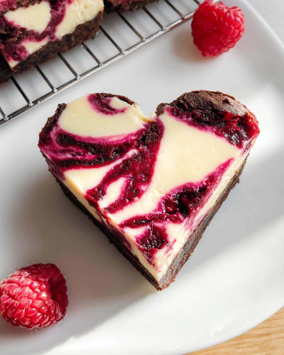 Close-up of a heart shaped brownies slice with raspberry cheesecake swirl, served on a white plate with fresh raspberries.