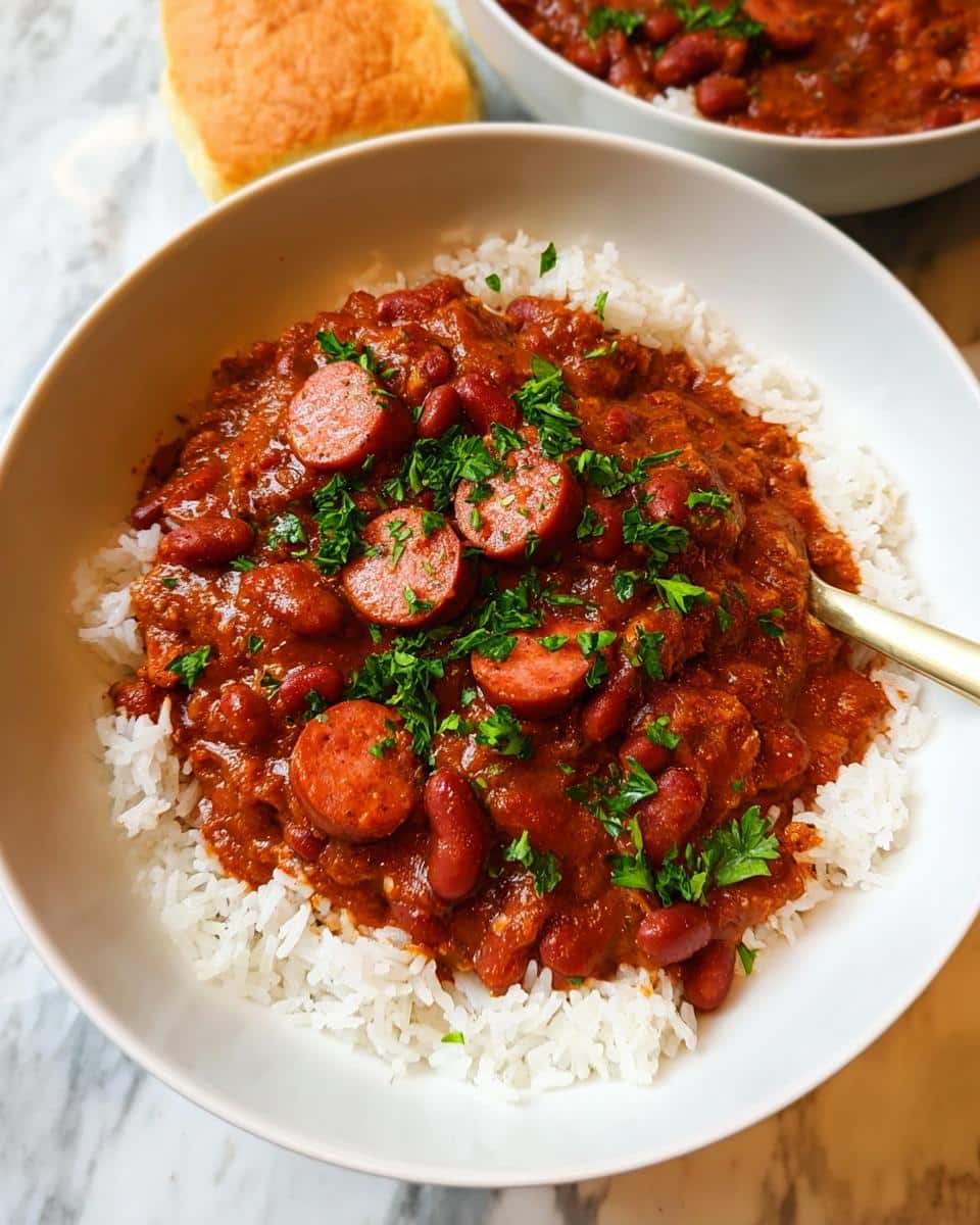 A close-up of a white bowl filled with white rice topped generously with rich, saucy Red Beans and Rice and sliced sausage, garnished with parsley.
