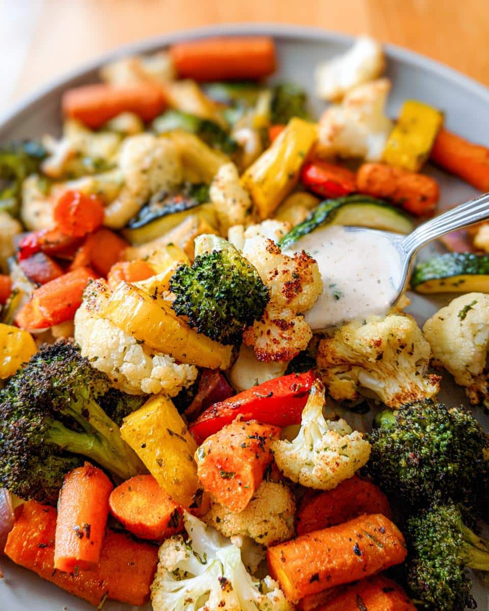 Close-up of a colorful Roasted Veggie Medley including broccoli, carrots, and cauliflower, being drizzled with a white sauce.