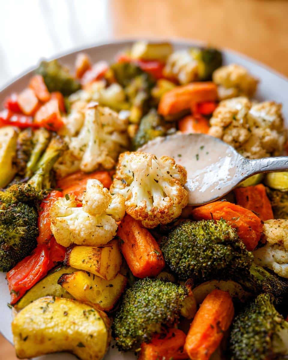 Close-up of a colorful Roasted Veggie Medley featuring broccoli, carrots, cauliflower, and squash being drizzled with a creamy sauce.