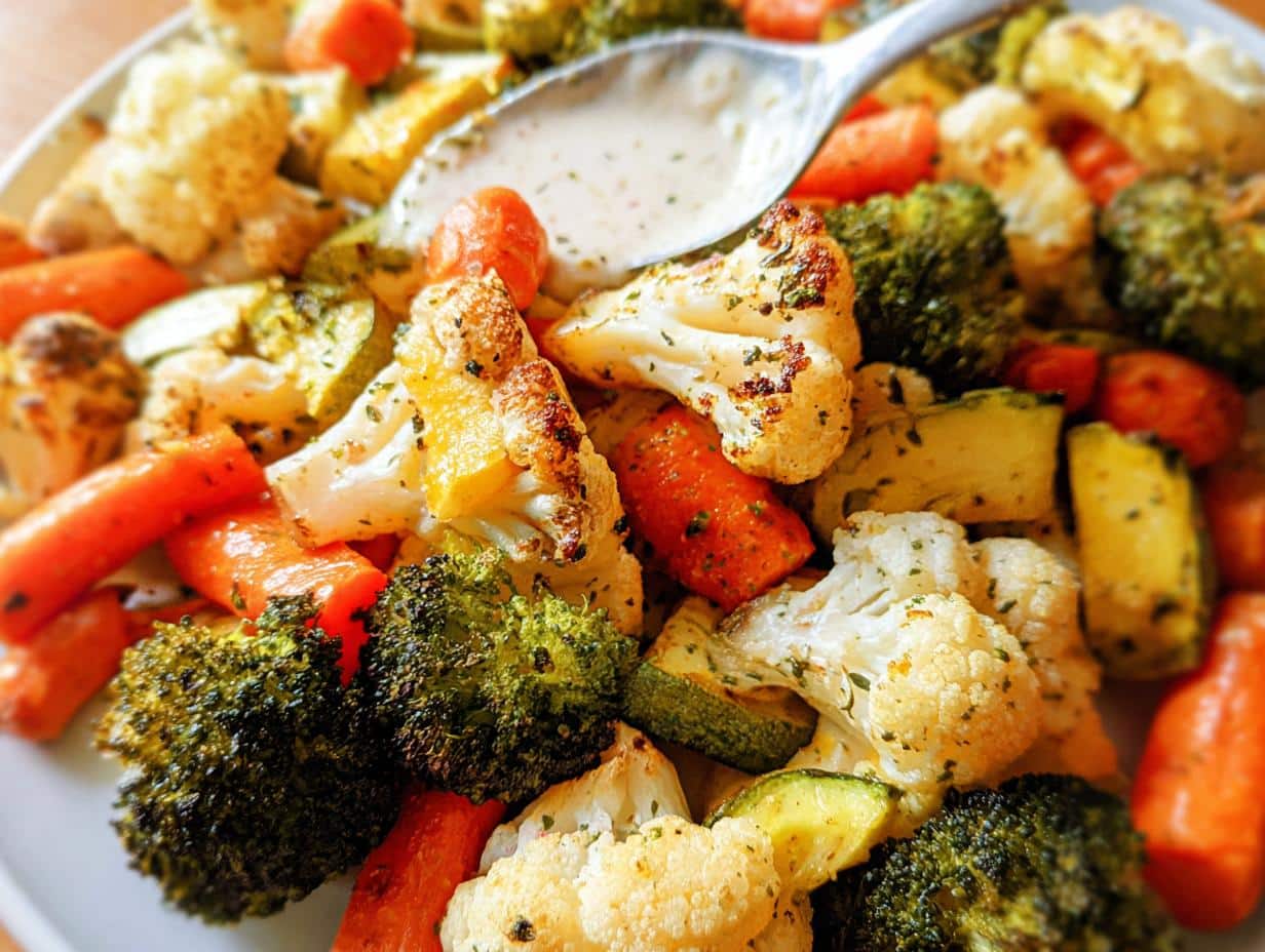 Close-up of a vibrant Roasted Veggie Medley featuring broccoli, carrots, cauliflower, and zucchini, drizzled with a creamy sauce.