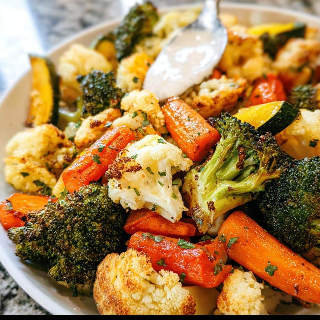 Close-up of a bowl filled with perfectly caramelized Roasted Veggie Medley including broccoli, carrots, and cauliflower.