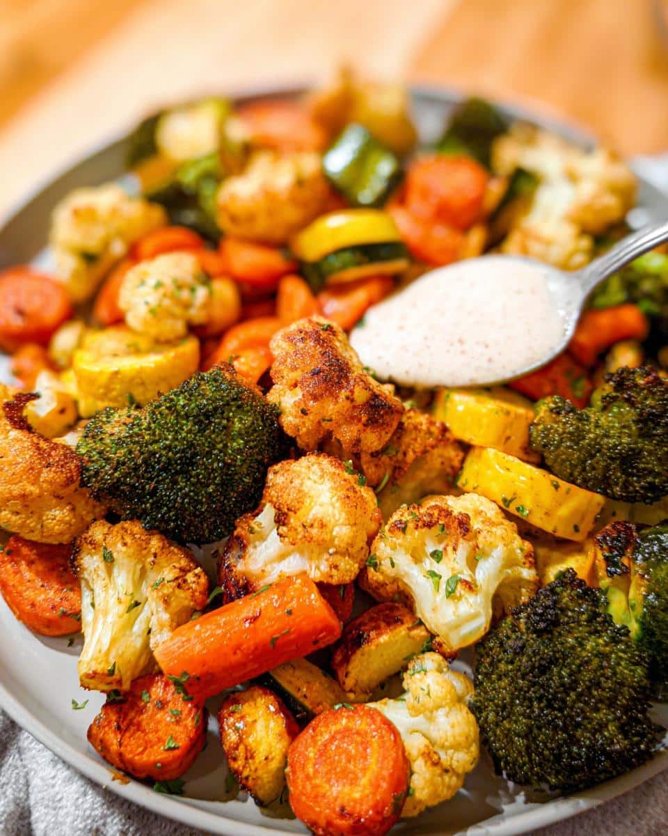 Close-up of a Roasted Veggie Medley featuring broccoli, carrots, and cauliflower, with a spoon of sauce being added.