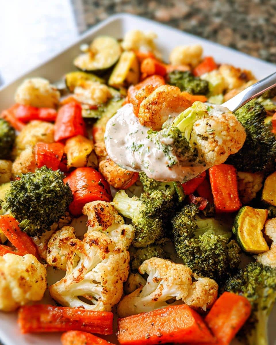 A spoonful of roasted veggie medley, featuring broccoli and cauliflower, being lifted with a creamy herb sauce.