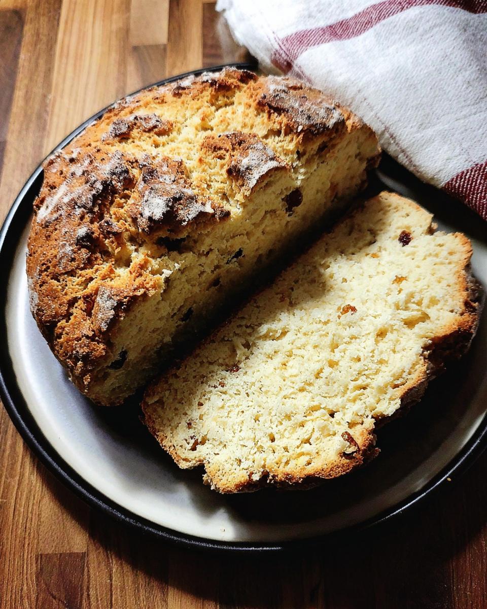 A round loaf of rustic Irish Soda Bread, partially sliced, showing raisins inside, resting on a plate.