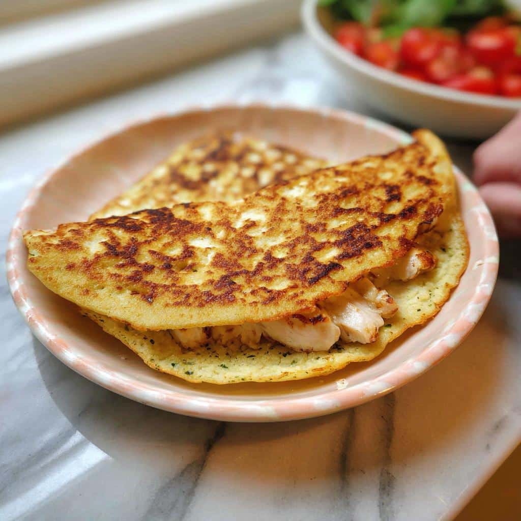 A golden-brown Gluten Free Cottage Cheese Flatbread folded over and filled with sliced chicken breast.